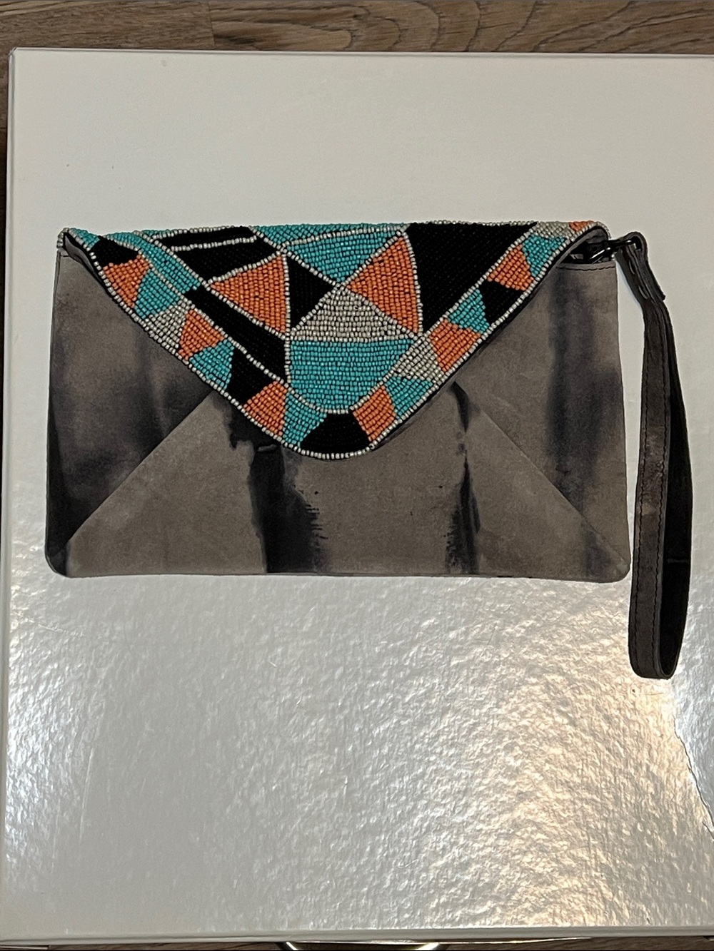 Scotch & Soda Gray Suede Envelope Clutch with Turquoise & Orange Beaded Flap